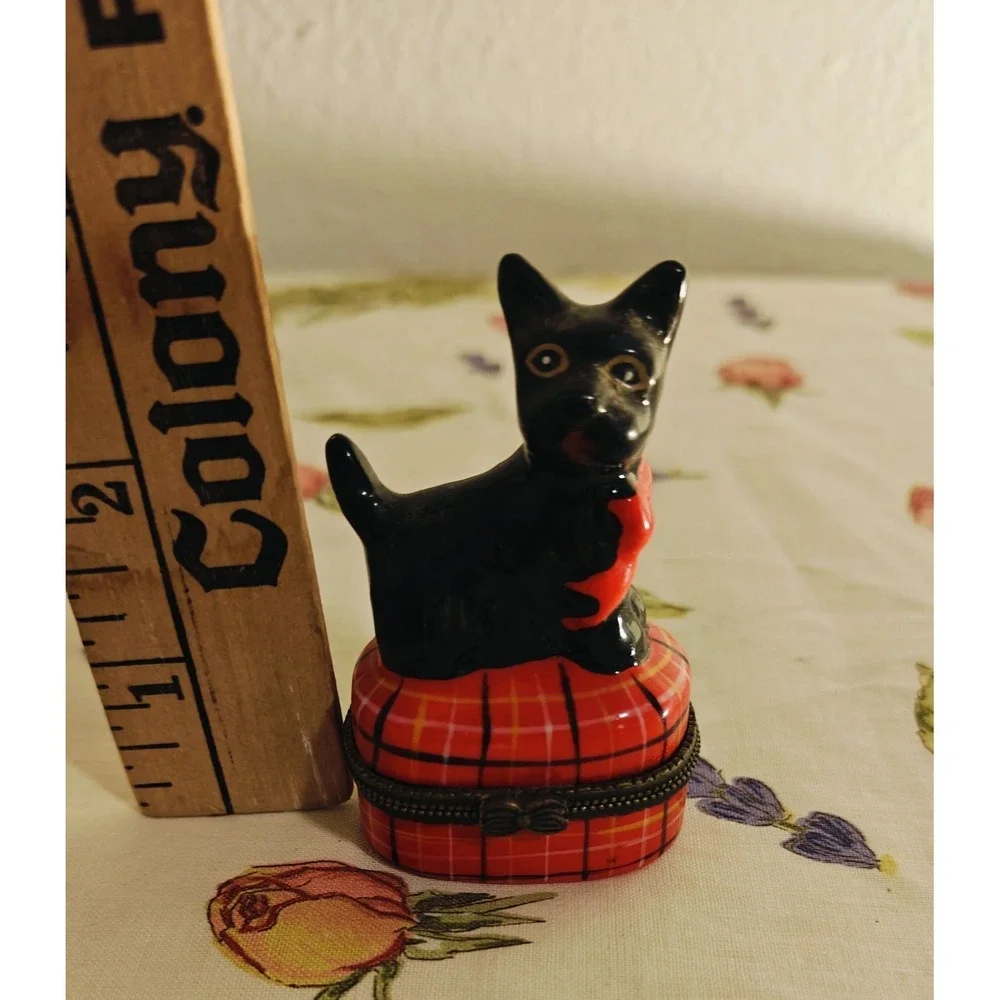Vintage Black Scottie Dog Sitting on Red Tartan Trinket Box